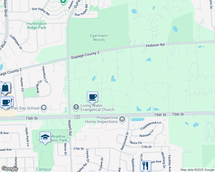 map of restaurants, bars, coffee shops, grocery stores, and more near 24W360 Hemlock Lane in Naperville