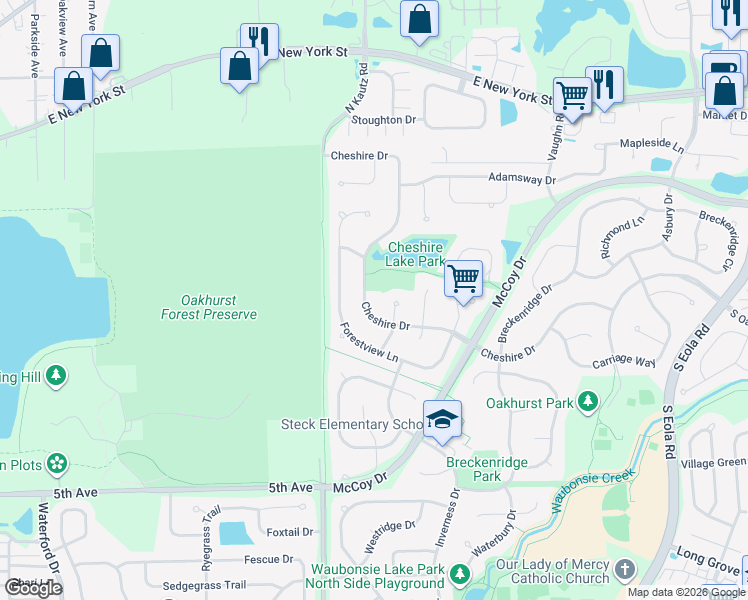 map of restaurants, bars, coffee shops, grocery stores, and more near 2320 Cheshire Drive in Aurora