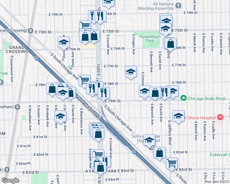 map of restaurants, bars, coffee shops, grocery stores, and more near 7826 South East End Avenue in Chicago