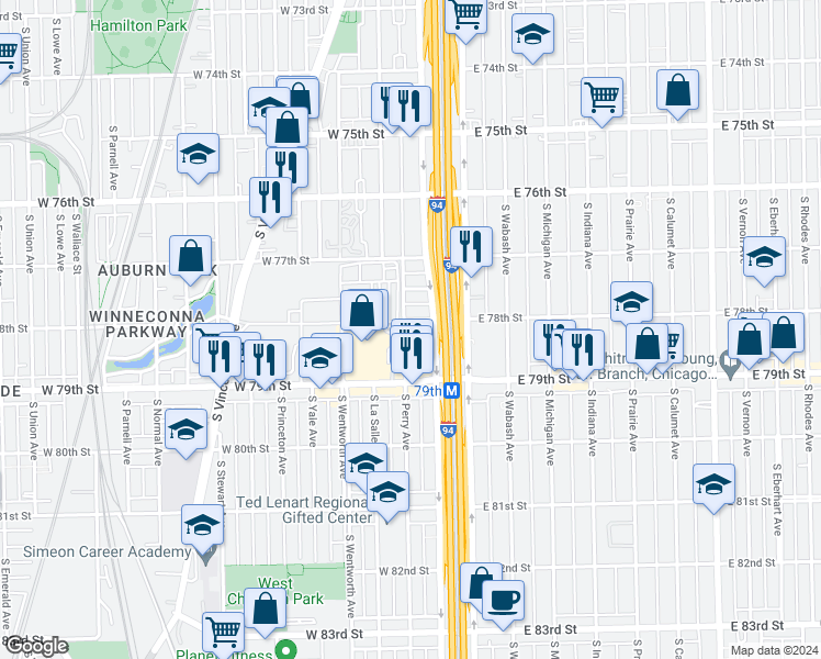 map of restaurants, bars, coffee shops, grocery stores, and more near 55 West 78th Street in Chicago