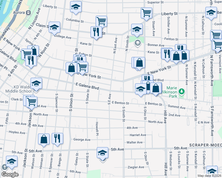 map of restaurants, bars, coffee shops, grocery stores, and more near 800 East Galena Boulevard in Aurora