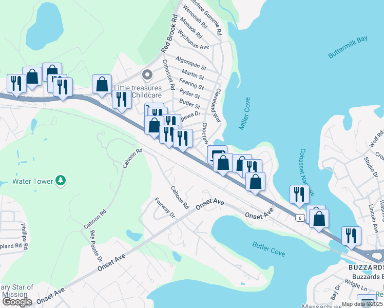map of restaurants, bars, coffee shops, grocery stores, and more near 3160 Cranberry Highway in Wareham