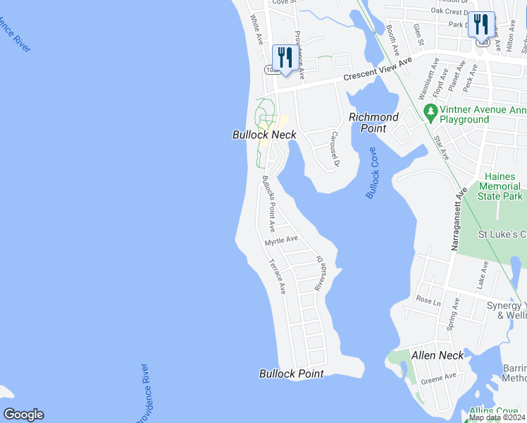 map of restaurants, bars, coffee shops, grocery stores, and more near 84 Terrace Avenue in East Providence