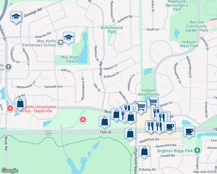 map of restaurants, bars, coffee shops, grocery stores, and more near 1268 Ashton Lane in Naperville