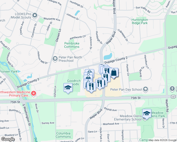 map of restaurants, bars, coffee shops, grocery stores, and more near 1210 Hobson Oaks Court in Naperville