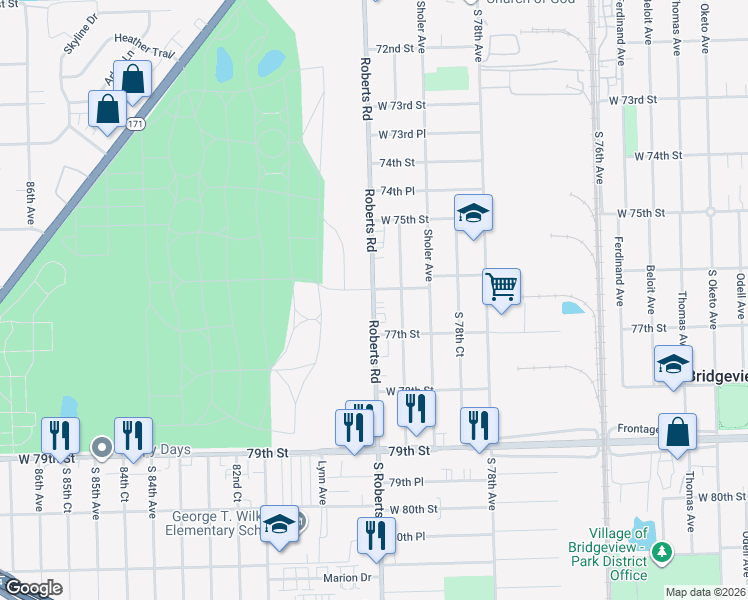map of restaurants, bars, coffee shops, grocery stores, and more near 7623 Roberts Road in Bridgeview