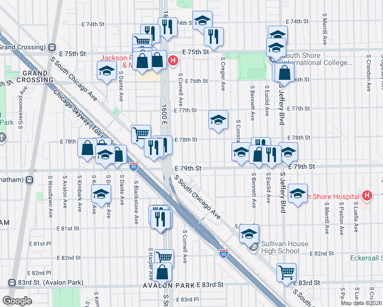 map of restaurants, bars, coffee shops, grocery stores, and more near 7826 South East End Avenue in Chicago