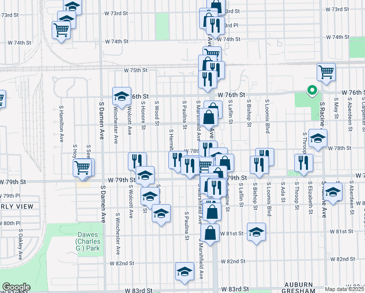 map of restaurants, bars, coffee shops, grocery stores, and more near 7748 South Paulina Street in Chicago