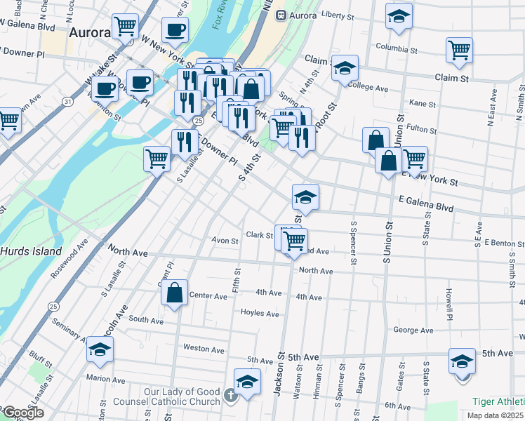 map of restaurants, bars, coffee shops, grocery stores, and more near 82 South Root Street in Aurora