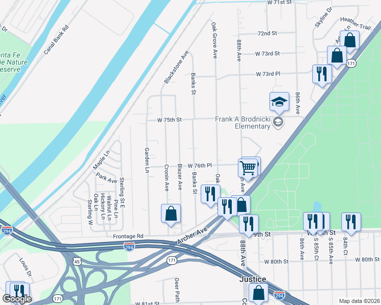 map of restaurants, bars, coffee shops, grocery stores, and more near 7552 Banks Street in Justice