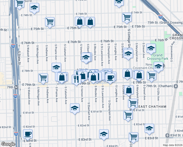 map of restaurants, bars, coffee shops, grocery stores, and more near 7817 South Eberhart Avenue in Chicago