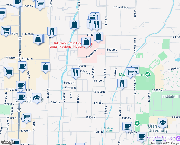 map of restaurants, bars, coffee shops, grocery stores, and more near 485 East 1150 North in Logan