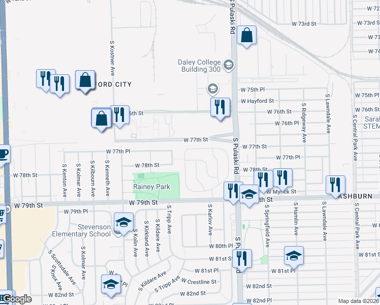 map of restaurants, bars, coffee shops, grocery stores, and more near 4151 W 77th Pl in Chicago