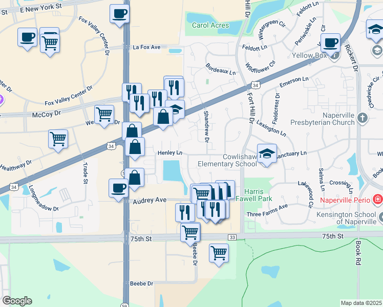 map of restaurants, bars, coffee shops, grocery stores, and more near 2715 Blakely Lane in Naperville
