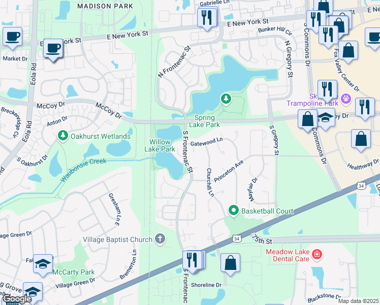 map of restaurants, bars, coffee shops, grocery stores, and more near 107 Newberry Court in Aurora