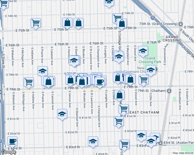 map of restaurants, bars, coffee shops, grocery stores, and more near 7818 South Champlain Avenue in Chicago