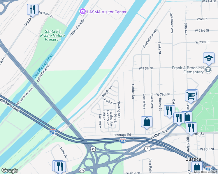 map of restaurants, bars, coffee shops, grocery stores, and more near 782 Maple Lane in Justice