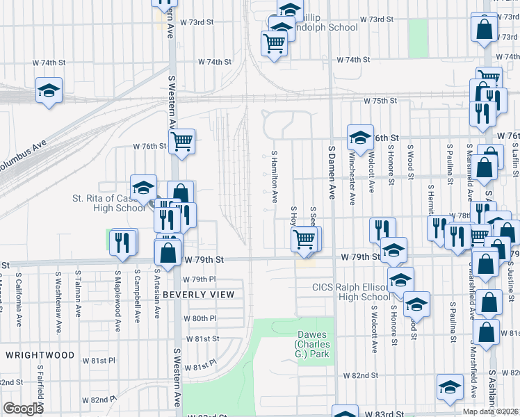map of restaurants, bars, coffee shops, grocery stores, and more near 2150 West 78th Street in Chicago