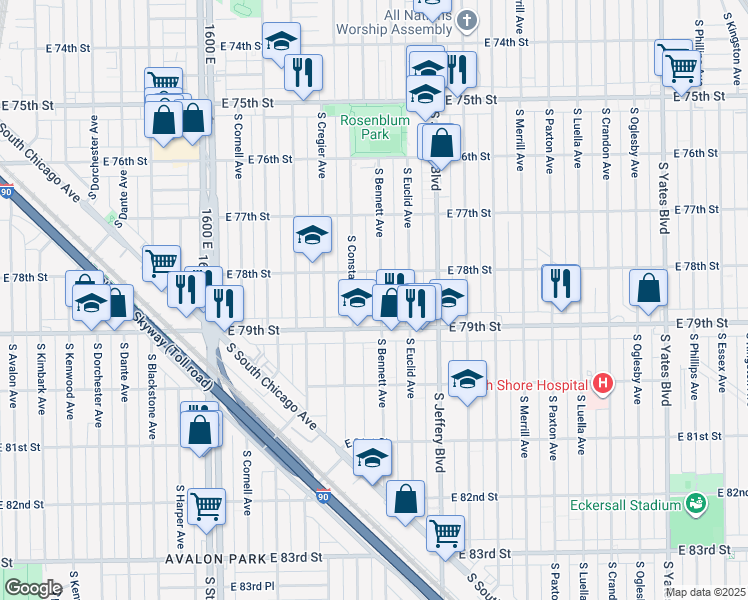 map of restaurants, bars, coffee shops, grocery stores, and more near 7830 South Bennett Avenue in Chicago