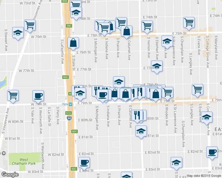 map of restaurants, bars, coffee shops, grocery stores, and more near 7811 S Indiana Ave in Chicago