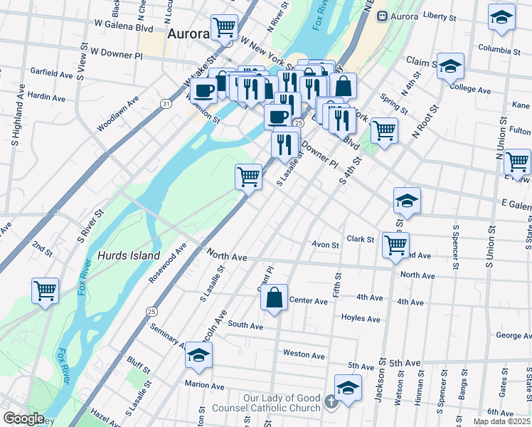 map of restaurants, bars, coffee shops, grocery stores, and more near 180 South Lasalle Street in Aurora