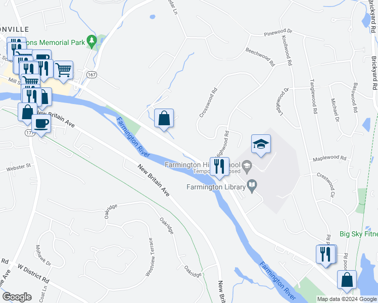 map of restaurants, bars, coffee shops, grocery stores, and more near in Farmington