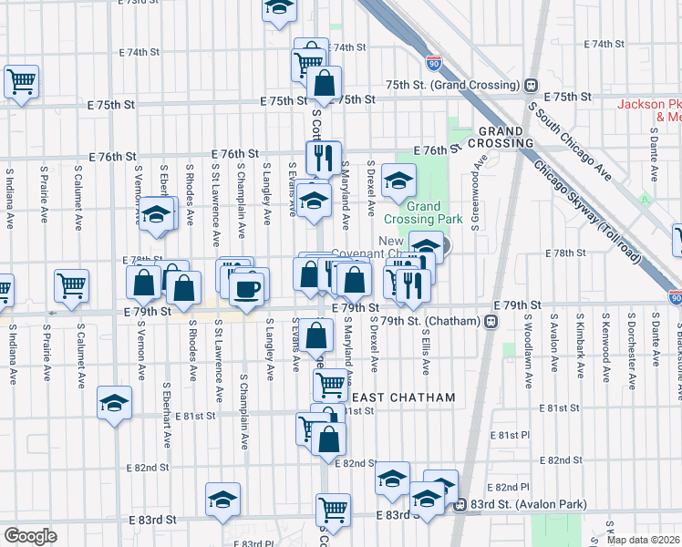 map of restaurants, bars, coffee shops, grocery stores, and more near 7818 South Maryland Avenue in Chicago