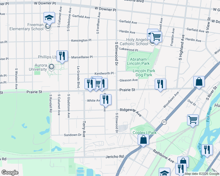 map of restaurants, bars, coffee shops, grocery stores, and more near 1019 Prairie Street in Aurora