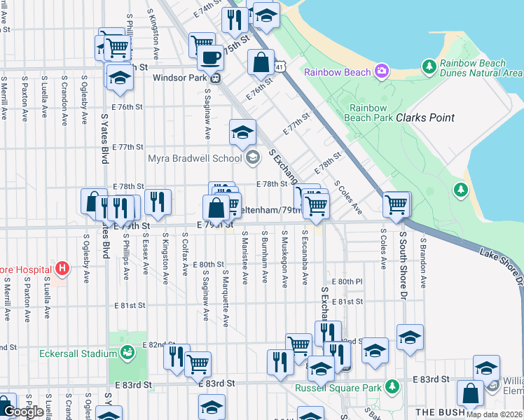 map of restaurants, bars, coffee shops, grocery stores, and more near 7841 South Burnham Avenue in Chicago