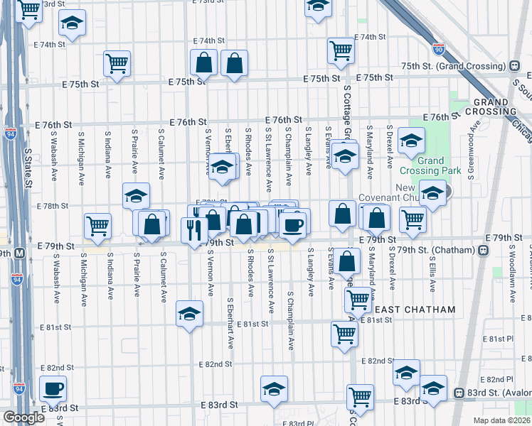 map of restaurants, bars, coffee shops, grocery stores, and more near 7814 South Saint Lawrence Avenue in Chicago