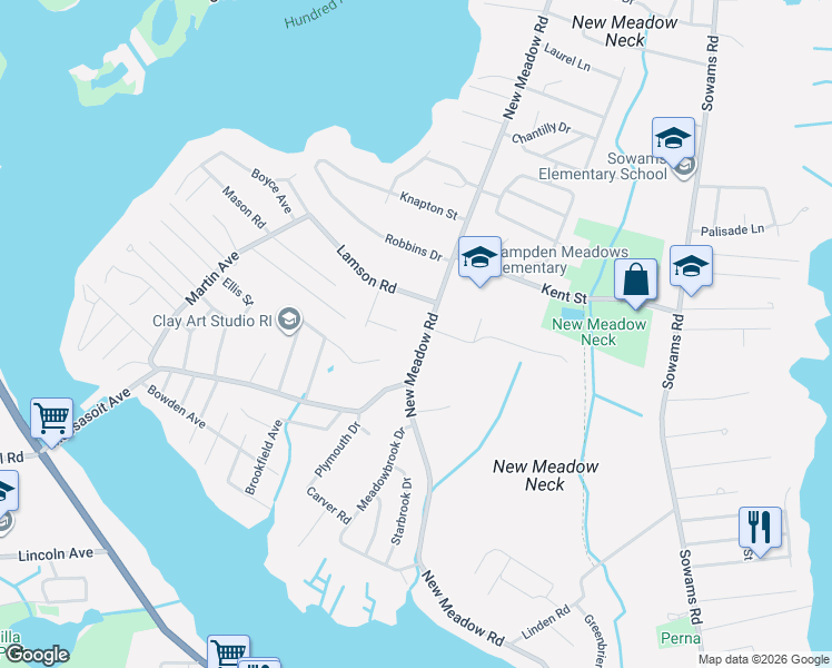 map of restaurants, bars, coffee shops, grocery stores, and more near 265 New Meadow Road in Barrington