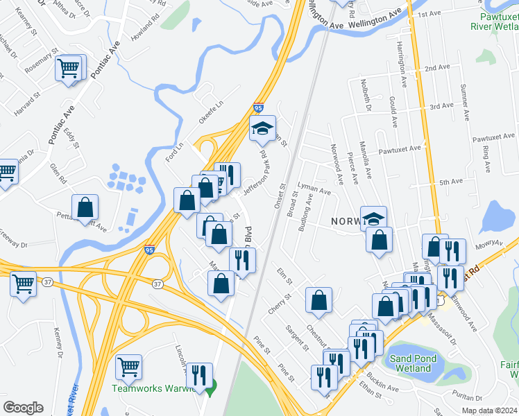 map of restaurants, bars, coffee shops, grocery stores, and more near 36 Jefferson Boulevard in Warwick