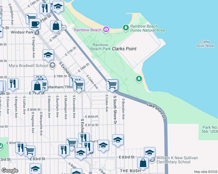 map of restaurants, bars, coffee shops, grocery stores, and more near 7860 South South Shore Drive in Chicago