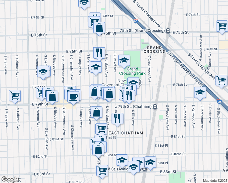 map of restaurants, bars, coffee shops, grocery stores, and more near 7818 South Drexel Avenue in Chicago