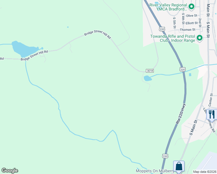 map of restaurants, bars, coffee shops, grocery stores, and more near 2892 Bridge Street Hill Road in Towanda