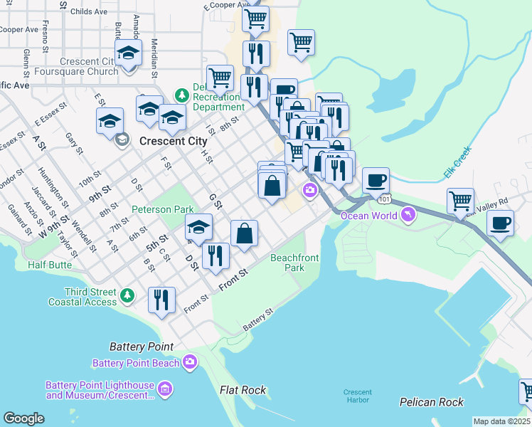 map of restaurants, bars, coffee shops, grocery stores, and more near 265 I Street in Crescent City