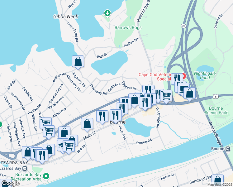 map of restaurants, bars, coffee shops, grocery stores, and more near 44 Cranberry Road in Bourne
