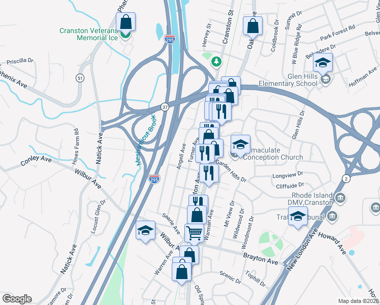 map of restaurants, bars, coffee shops, grocery stores, and more near 123 Angell Avenue in Cranston