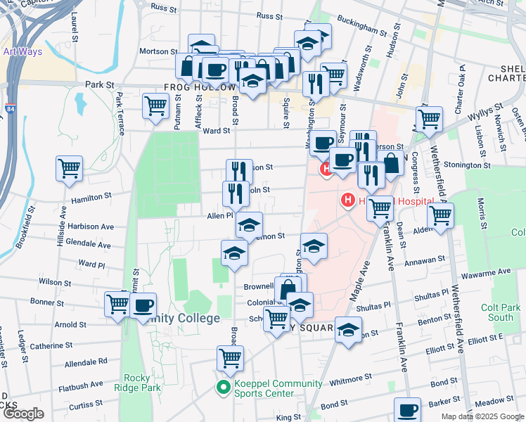 map of restaurants, bars, coffee shops, grocery stores, and more near 50 Allen Place in Hartford