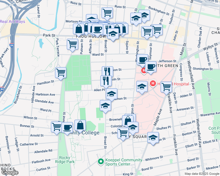 map of restaurants, bars, coffee shops, grocery stores, and more near in Hartford