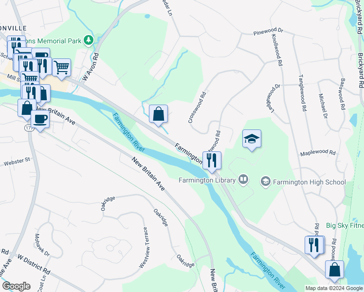 map of restaurants, bars, coffee shops, grocery stores, and more near in Farmington