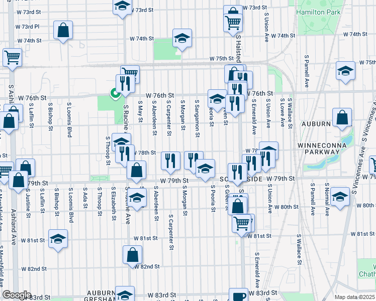 map of restaurants, bars, coffee shops, grocery stores, and more near 7754 South Sangamon Street in Chicago