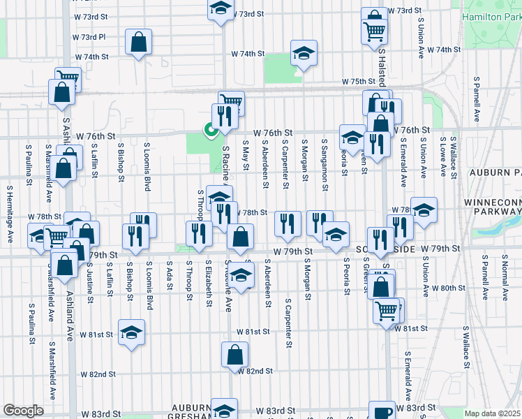map of restaurants, bars, coffee shops, grocery stores, and more near 7757 South Aberdeen Street in Chicago