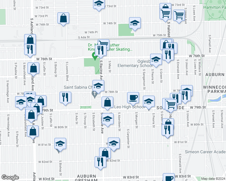 map of restaurants, bars, coffee shops, grocery stores, and more near 7755 South May Street in Chicago