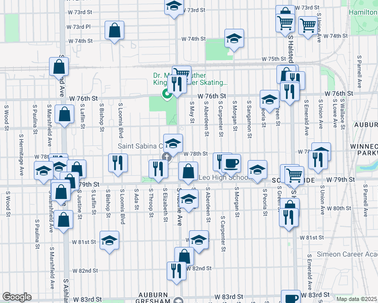 map of restaurants, bars, coffee shops, grocery stores, and more near 7755 South May Street in Chicago