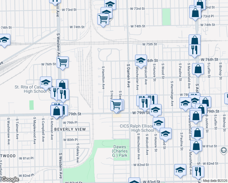 map of restaurants, bars, coffee shops, grocery stores, and more near 7742 South Seeley Avenue in Chicago