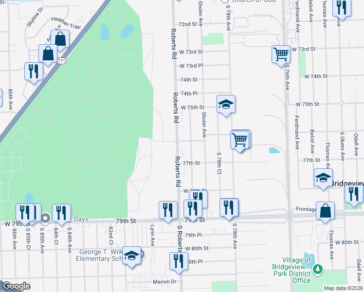 map of restaurants, bars, coffee shops, grocery stores, and more near 7623 Roberts Road in Bridgeview
