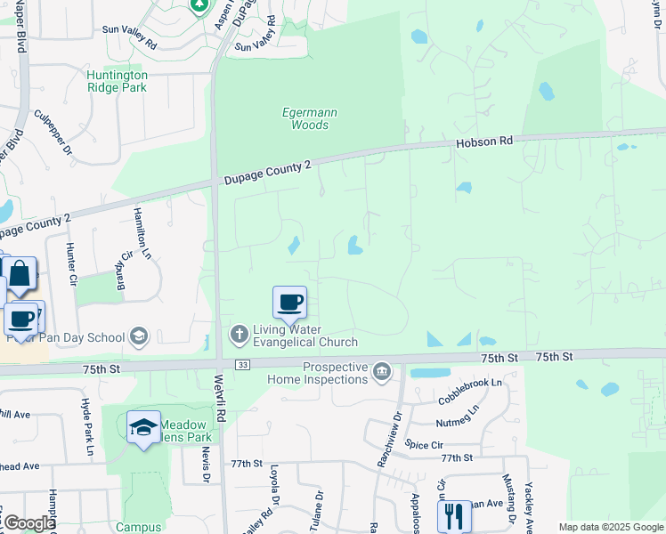 map of restaurants, bars, coffee shops, grocery stores, and more near 24W360 Hemlock Lane in Naperville