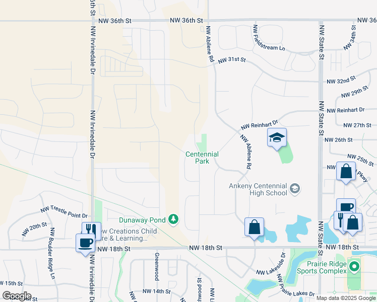map of restaurants, bars, coffee shops, grocery stores, and more near 2312 Northwest Reinhart Drive in Ankeny