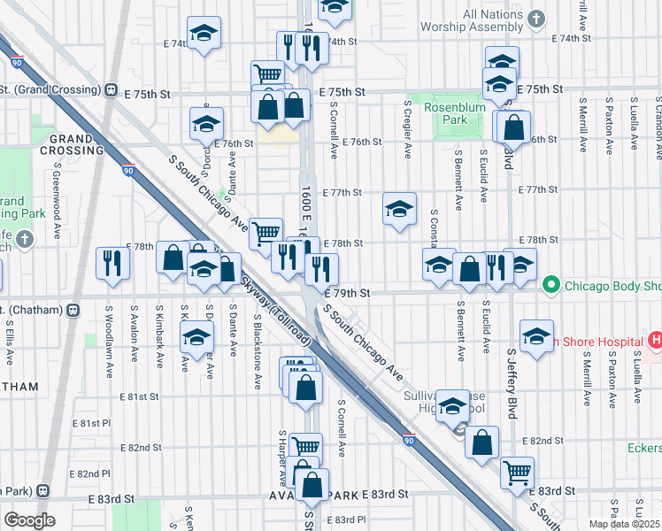 map of restaurants, bars, coffee shops, grocery stores, and more near 7824 South Cornell Avenue in Chicago